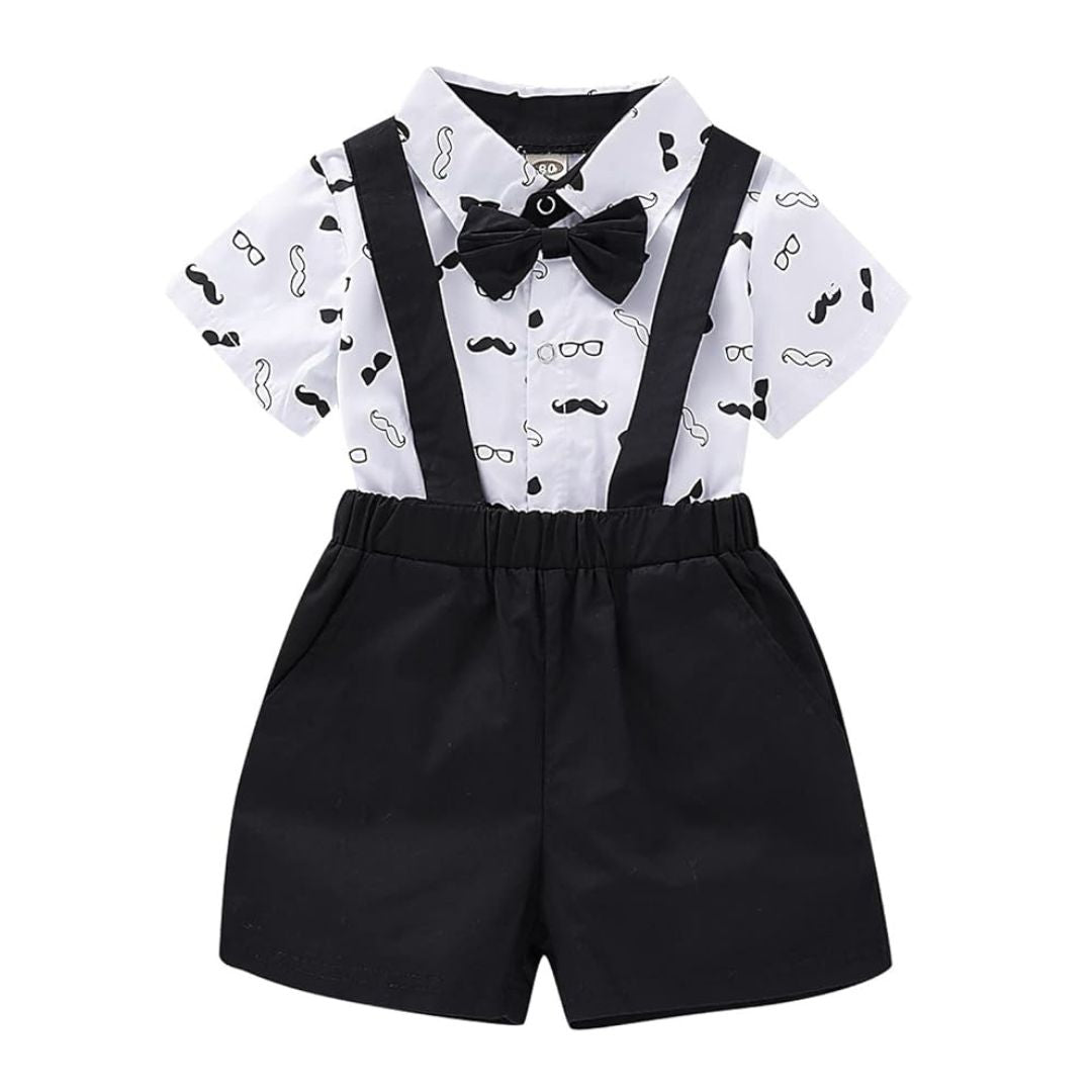 Baby boy tuxedo summer outfit - black suspender shorts with shirt romper & bow tie