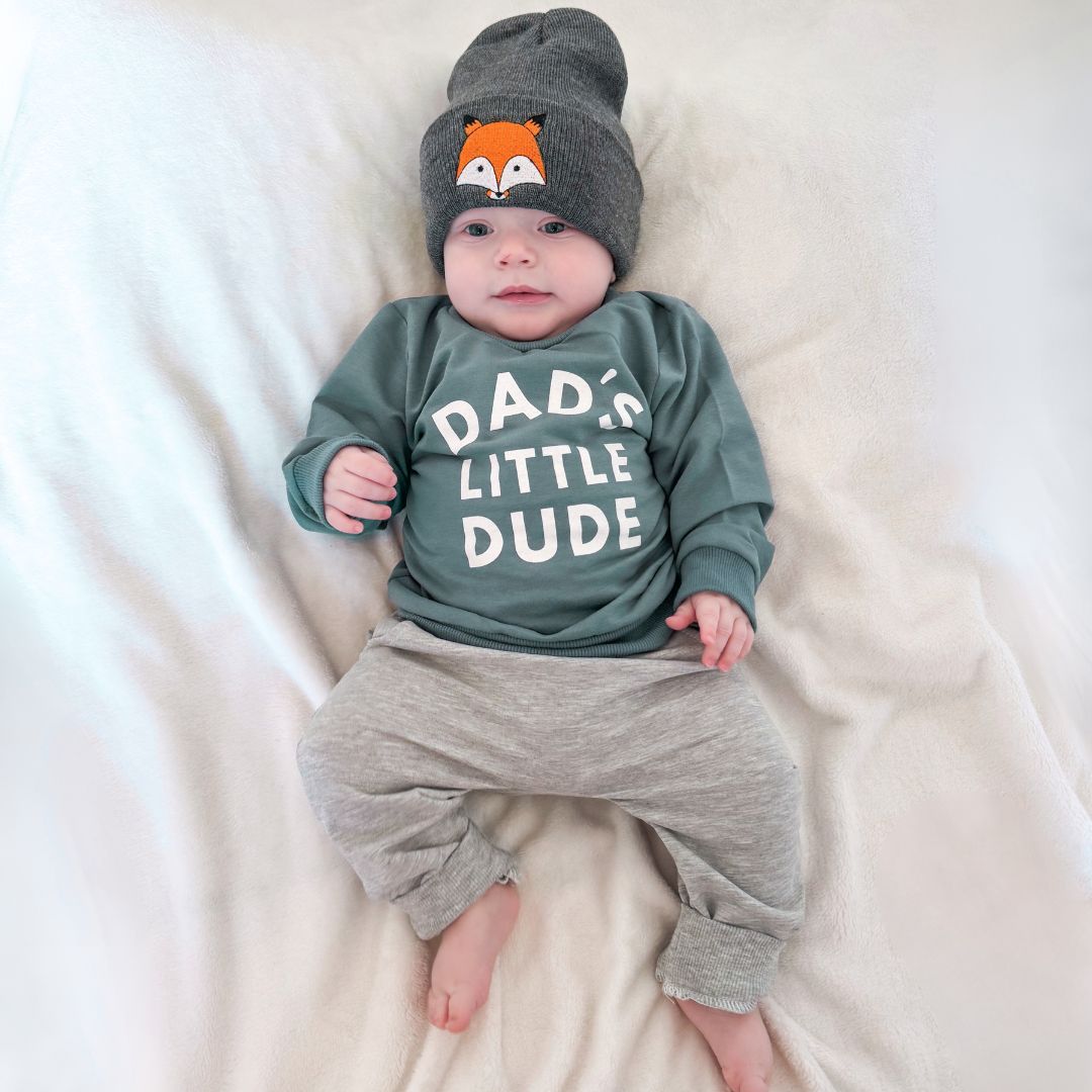 Baby boy wearing "Dad's Little Dude" Tracksuit Set in blue - Lulu Babe