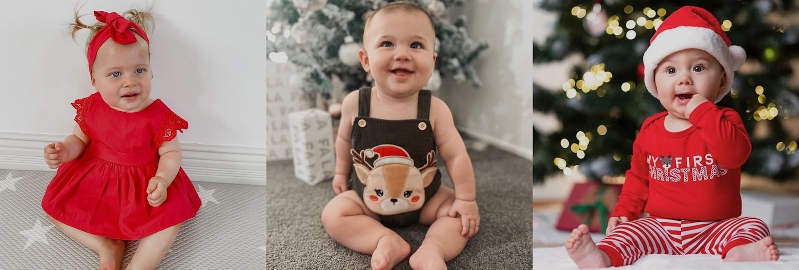 Three babies in festive Christmas baby outfits from Lulu Babe, including a red dress, a reindeer romper, and a Santa-themed set.