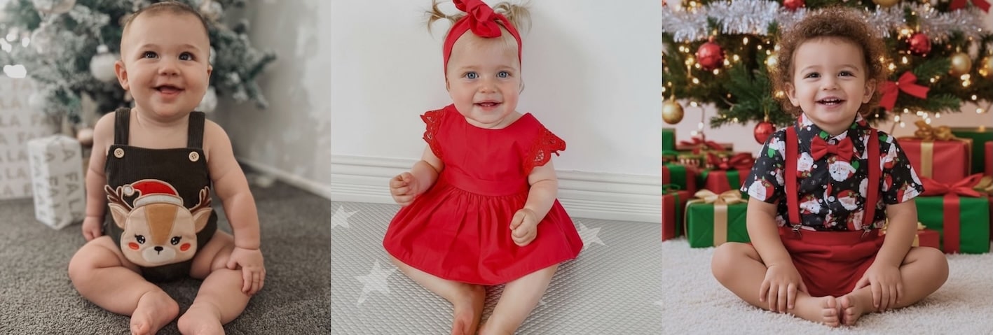 Babies wearing Christmas baby outfits from Lulu Babe -  a red dress, a reindeer romper, and a red bow tie outfit.