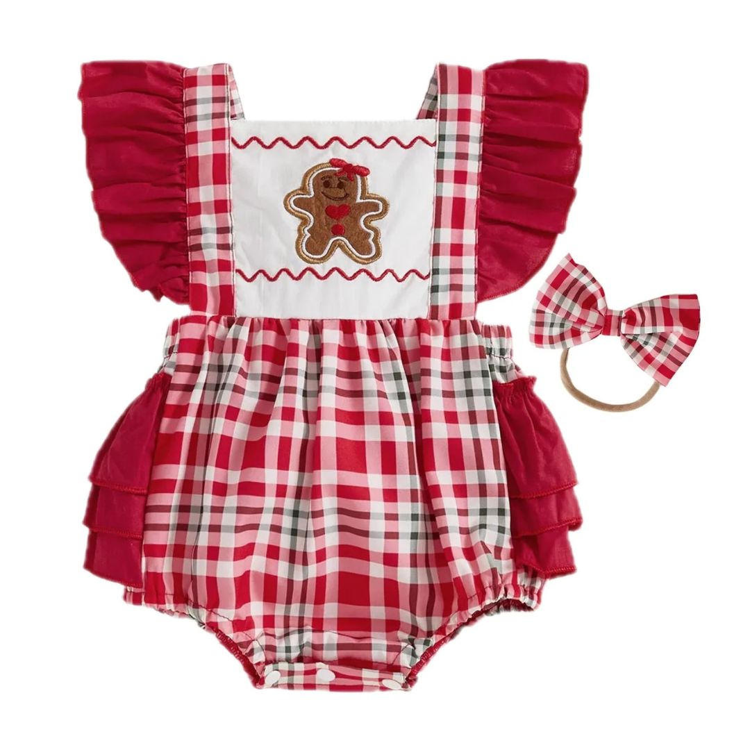Red tartan baby Christmas romper with ruffled bottoms and matching bow headband