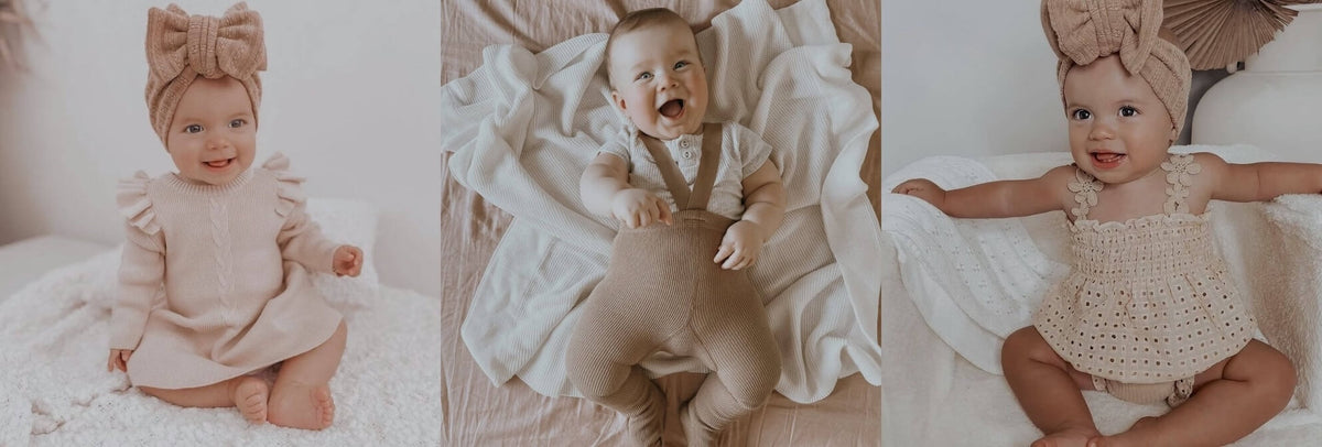 Lulu Babe baby clothes – a ruffle knit dress, ribbed suspender tights outfit and our Celeste Lace Set