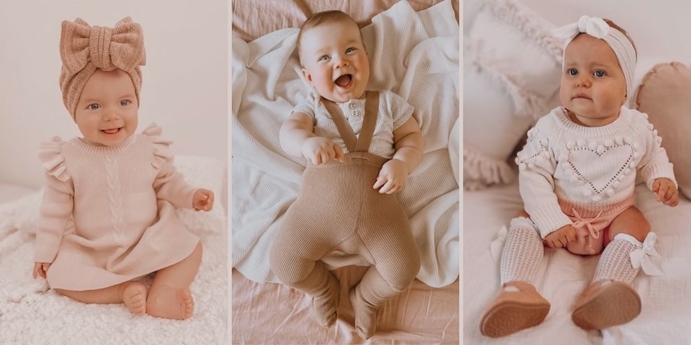 Baby clothes Australia – newborns and babies wearing Lulu Babe outfits including a knit dress, romper and ribbed suspender set.