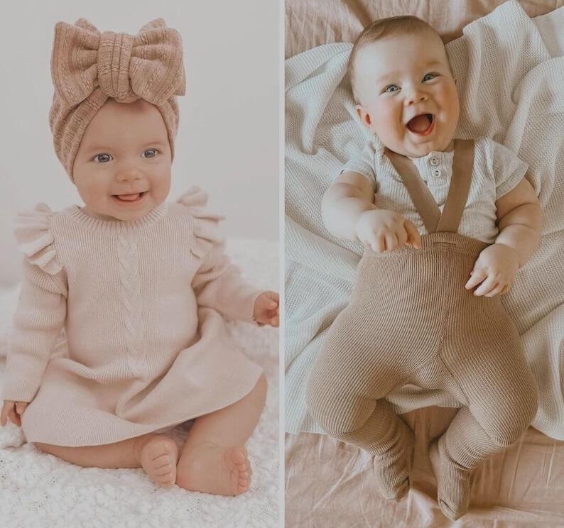 Baby clothes Australia – babies wearing Lulu Babe outfits including a knit dress and a ribbed suspender set