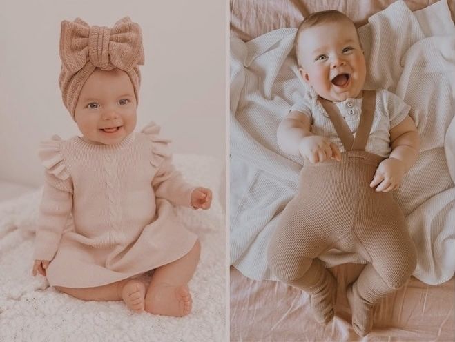 Baby clothes Australia sale – babies wearing Lulu Babe outfits including a knit dress and ribbed suspender set