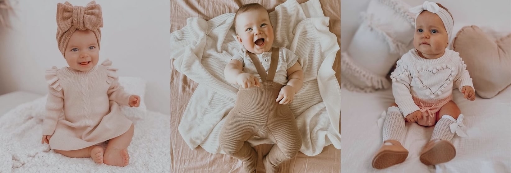 Babies wearing Lulu Babe baby clothes, including a knit dress, ribbed suspender outfit & knit romper.
