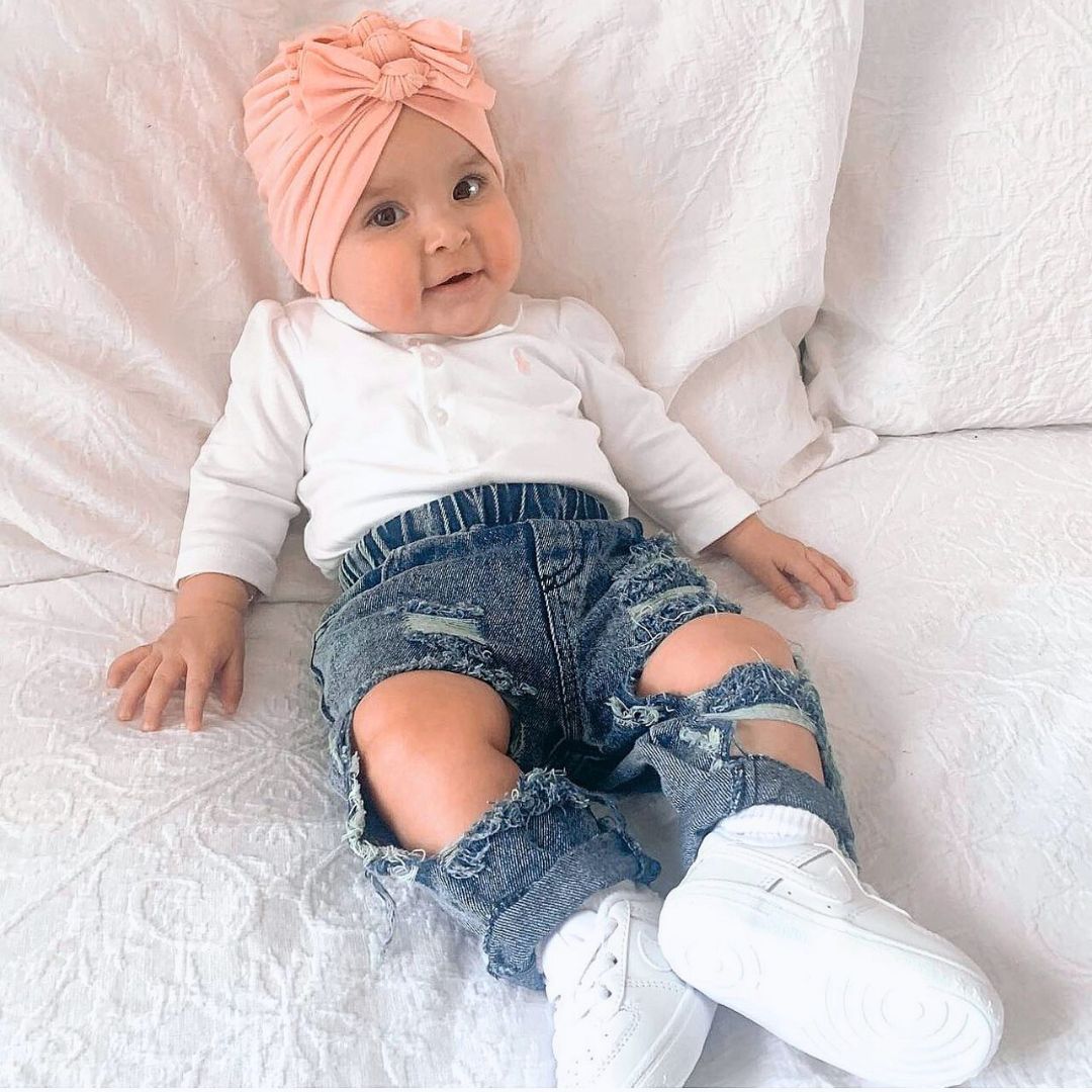 Baby girl wearing distressed baby jeans (in 0-6 months, 6-12 months, 12-18 month,  18-24 months & 2-3 years) - Lulu Babe