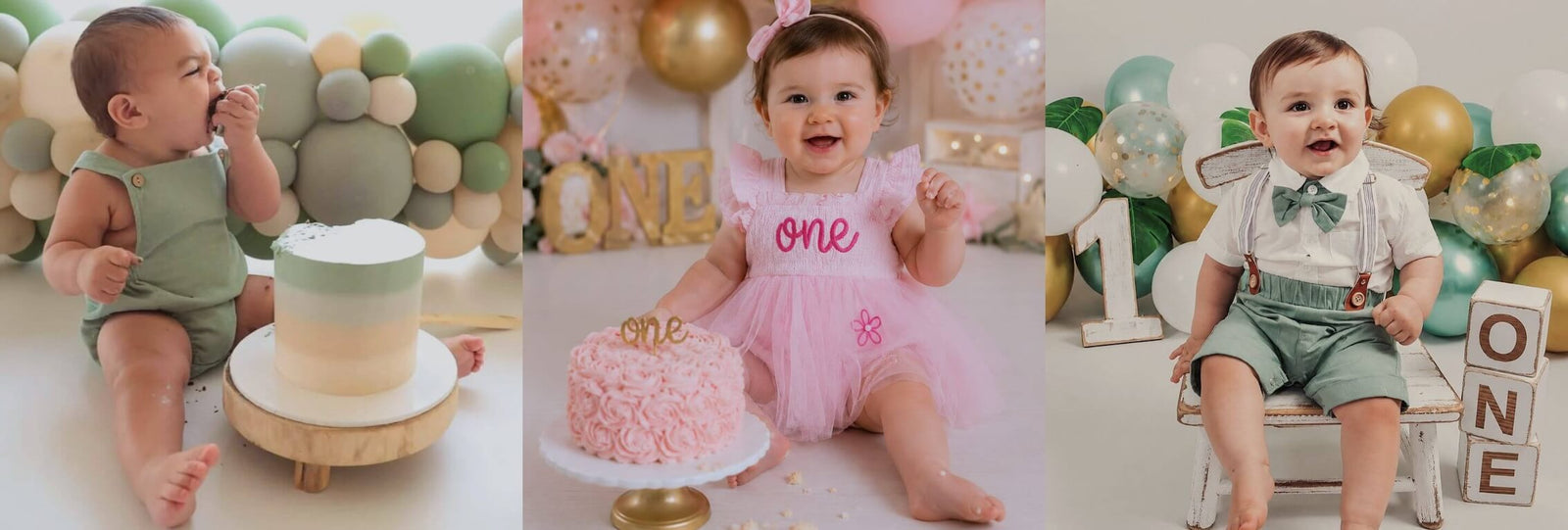 Babies wearing first birthday outfits and cake smash clothes from Lulu Babe