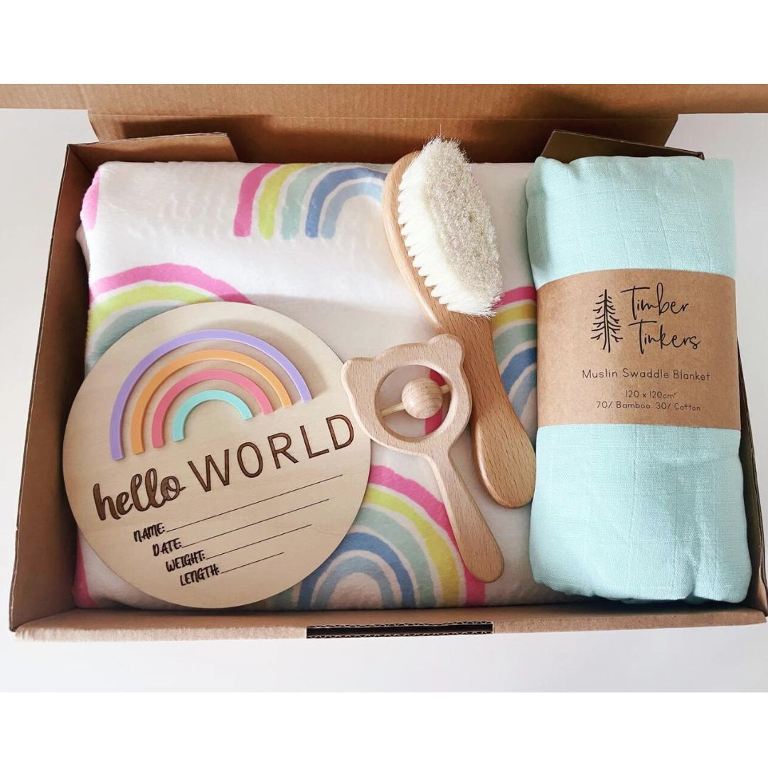 Rainbow Baby Gift Set | Newborn Blanket, Swaddle & Birth Disc