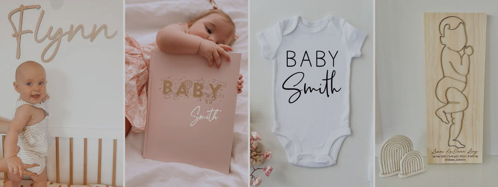Collage of personalised baby gifts, including a wooden name sign, memory book, custom baby onesie and baby birth plaque - part of Lulu Babe's baby gift collection..