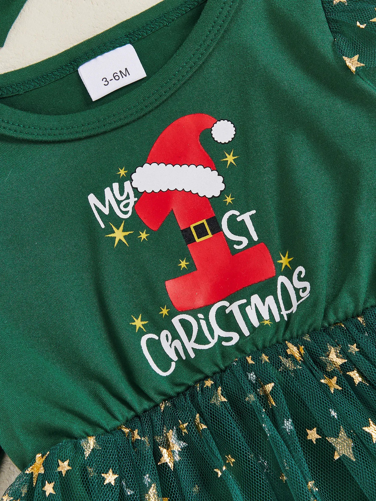 My 1st Christmas Star Tutu Dress for baby girls, festive green with Santa hat print and glittery star tutu