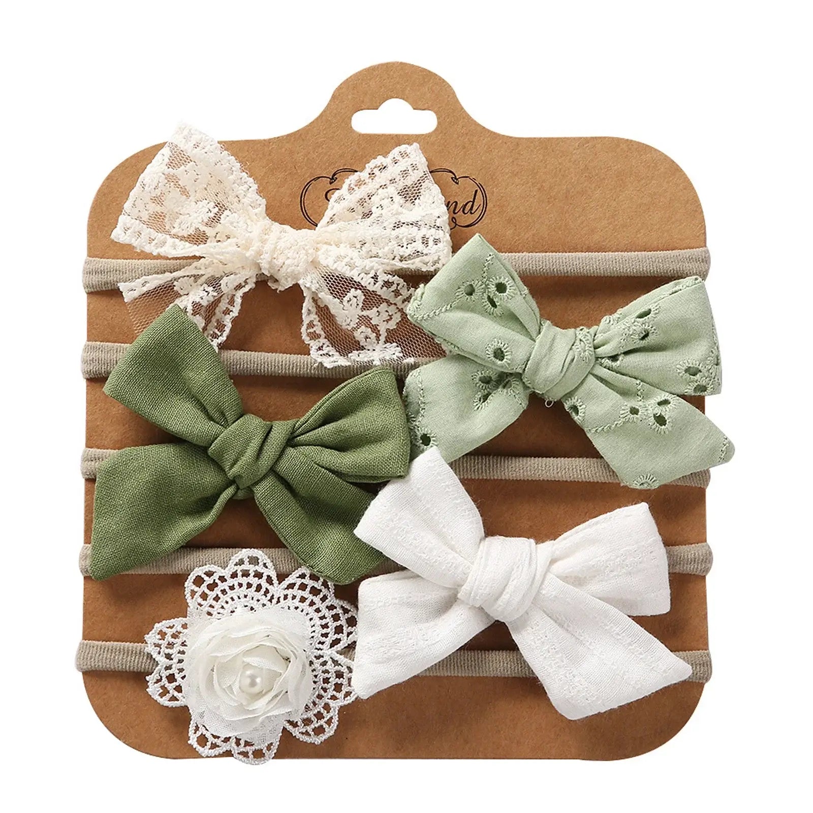 Pack of 5 baby bow headbands in green and white