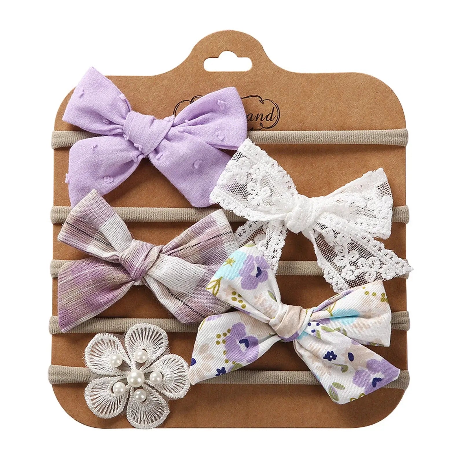 Pack of 5 baby bow headbands in purple and white
