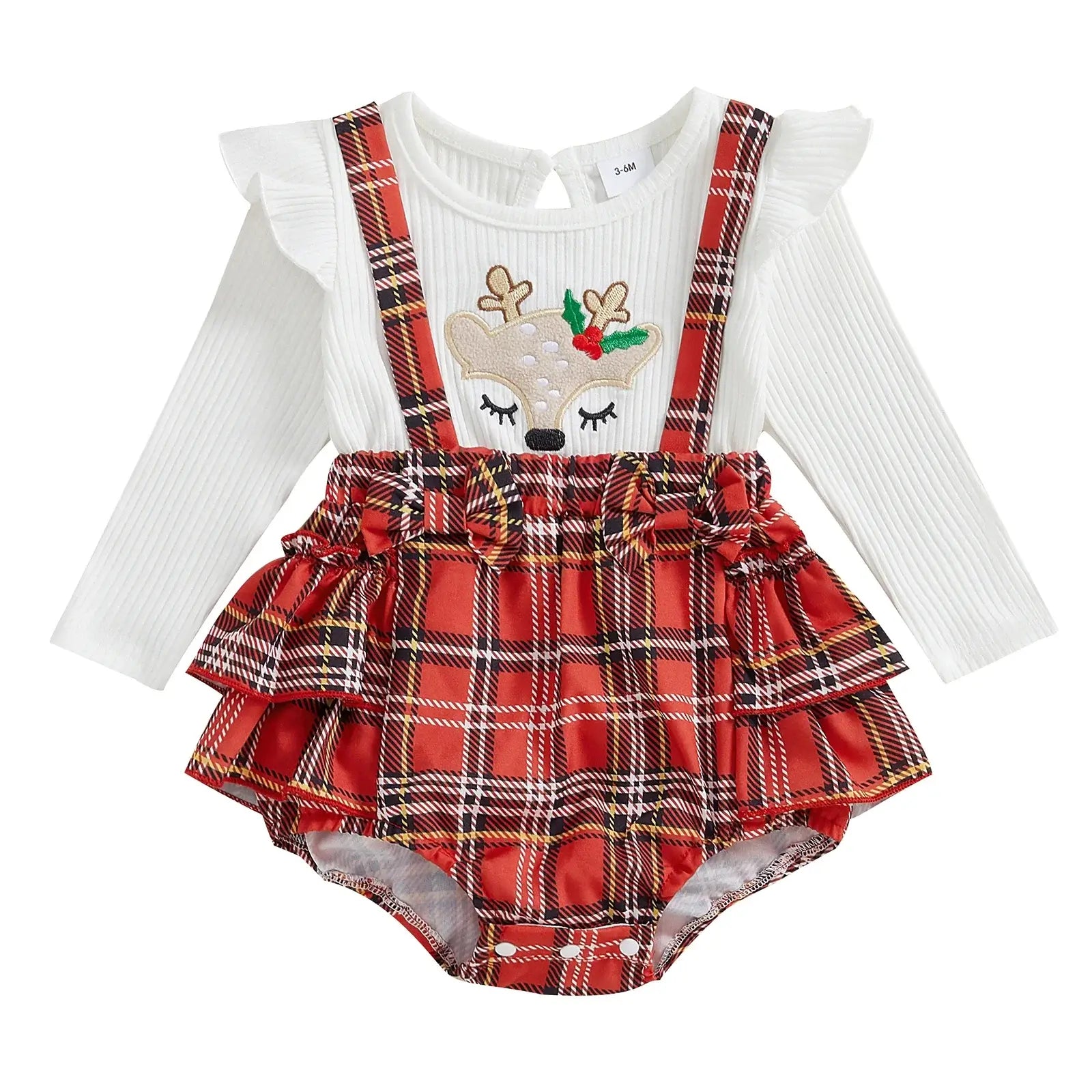 Plaid Reindeer Ruffle Baby Romper | Baby Girl Christmas Outfit - Lulu Babe