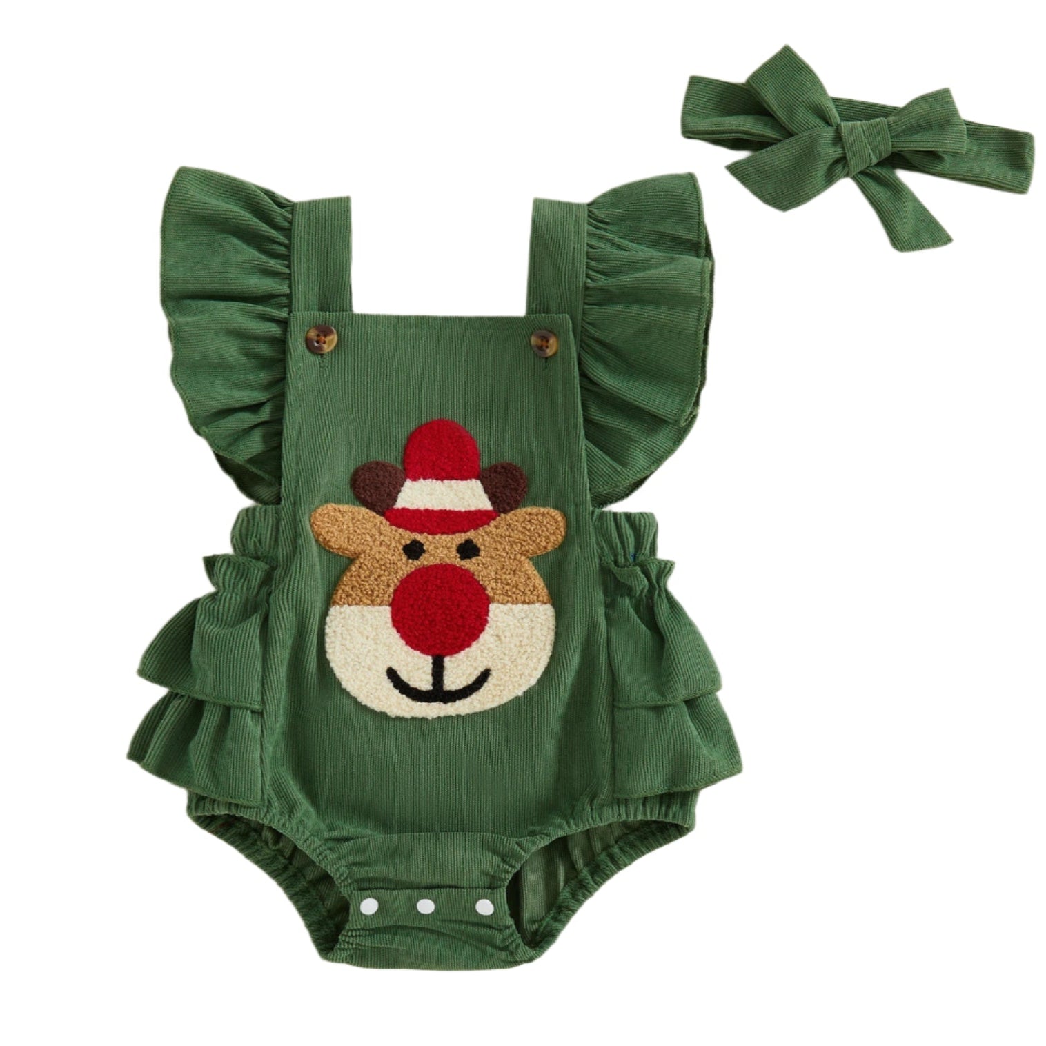 Green baby girl Christmas romper with reindeer appliqué and matching headband to wear as baby Christmas outfit