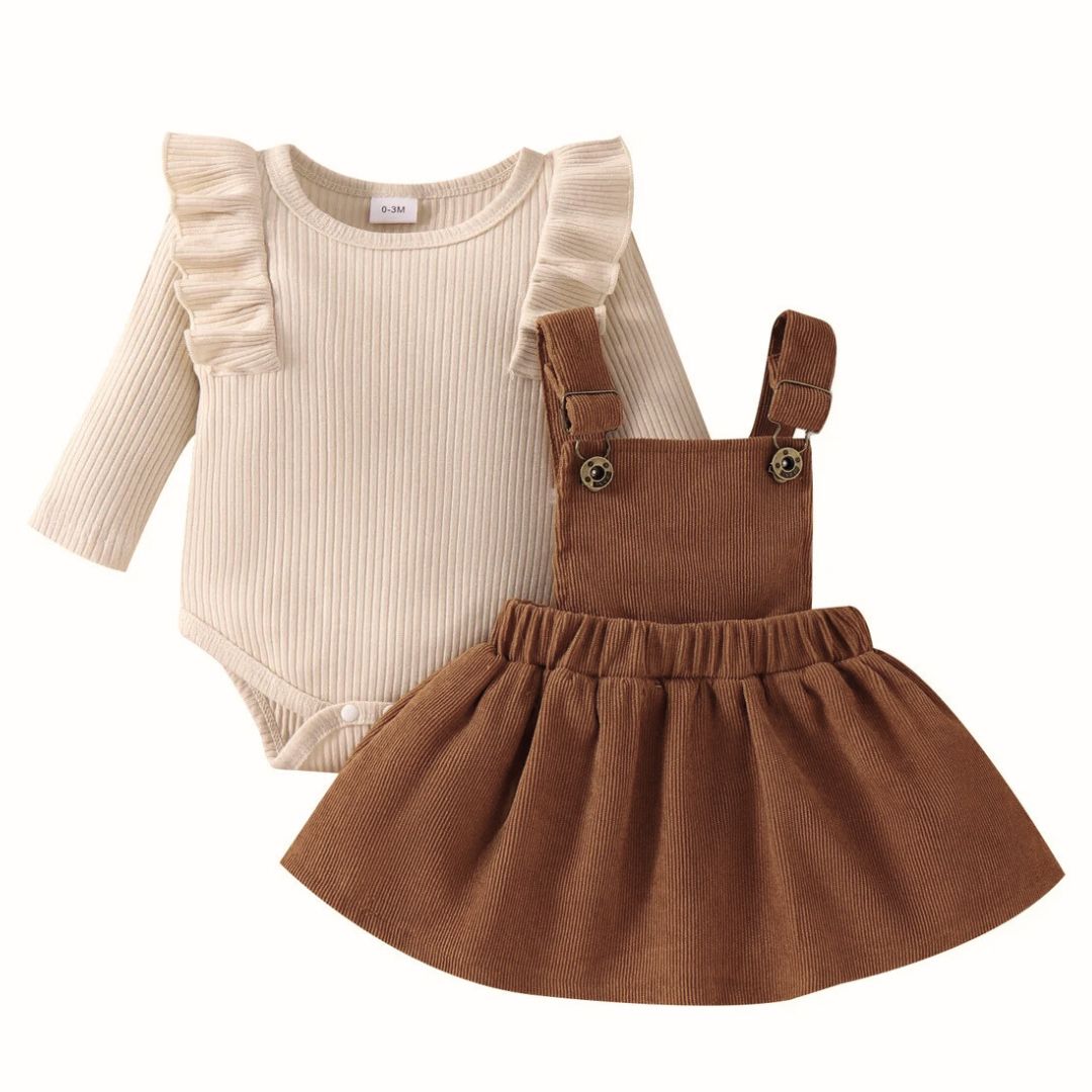 Baby girl dress outfit set with beige long-sleeve bodysuit and brown pinafore dress