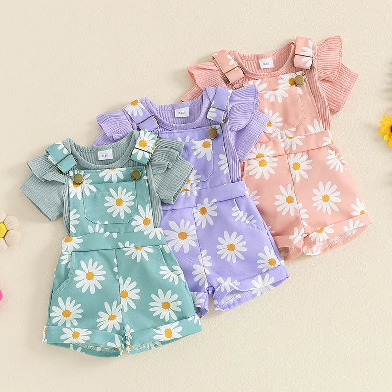 Daisy Overalls Set for baby girls featuring ribbed bodysuit and daisy print overalls
