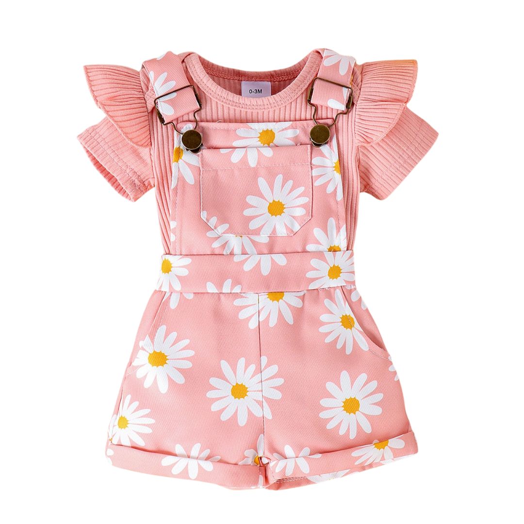 Daisy Overalls Set features a pink ribbed bodysuit and daisy-print overalls