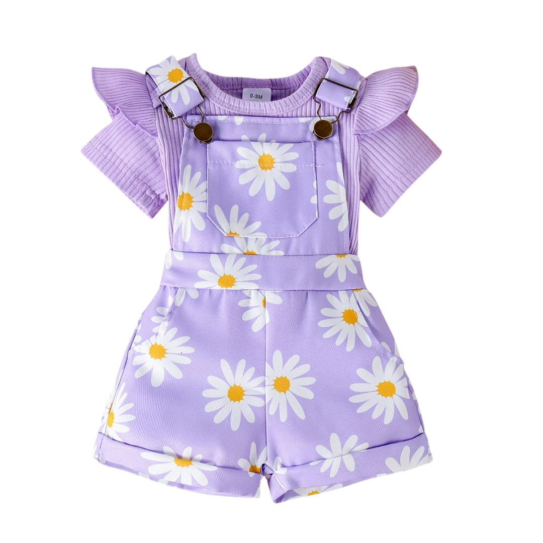 Purple Daisy Overalls Set featuring ribbed flutter-sleeve bodysuit and daisy-print overalls 