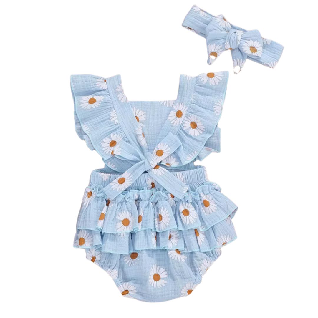 Daisy Ruffle Baby Girl Romper in blue - back view