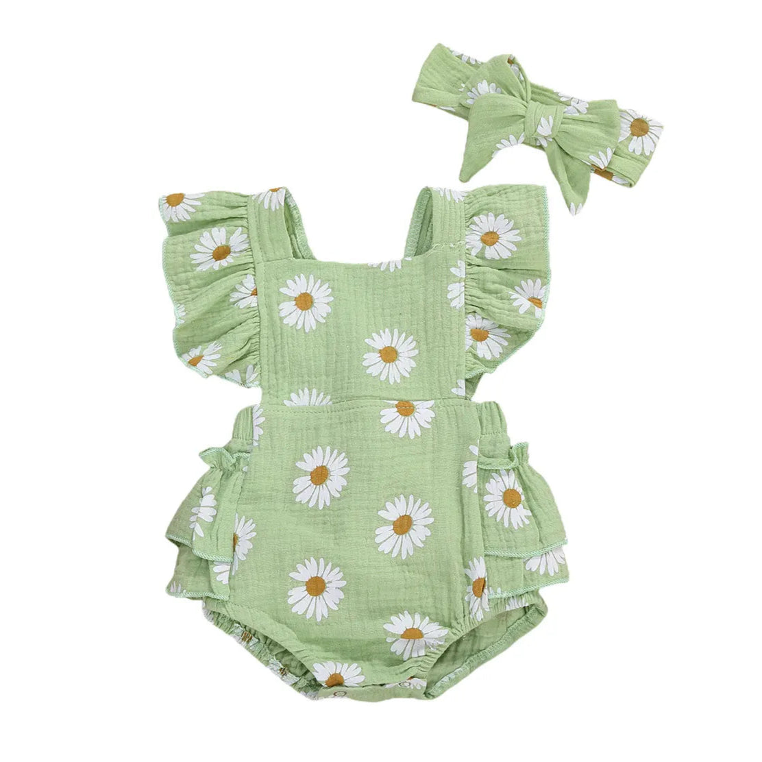 Daisy Ruffle Romper in green | Pastel Floral Baby Girl Outfit - Lulu Babe