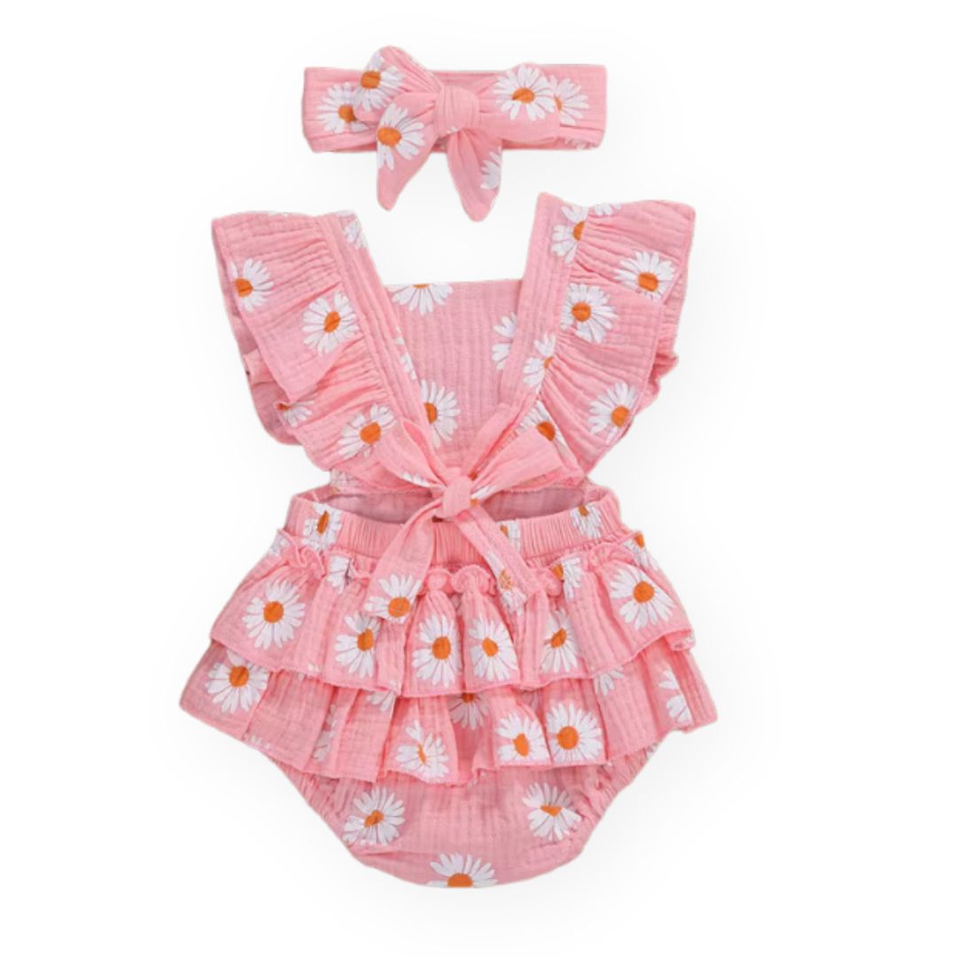 Daisy Ruffle Baby Girl Romper in pink - back view