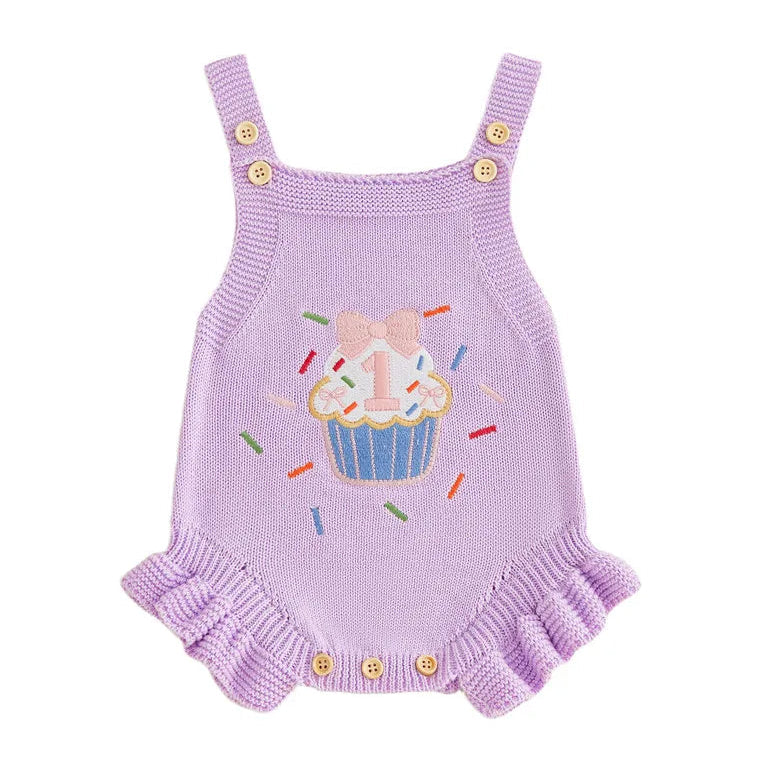 First birthday romper for baby girls with "1" cupcake and frills - purple