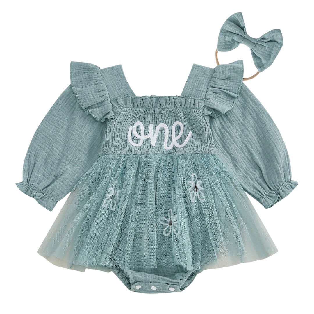 Baby girl birthday romper in sage green with 'one' embroidery