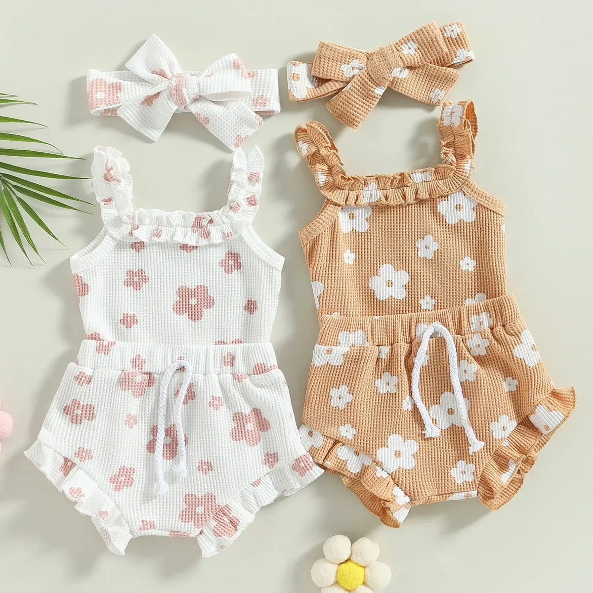 Genevieve Waffle Romper Sets in white and beige | Baby Girl Floral Summer Outfit - Lulu Babe