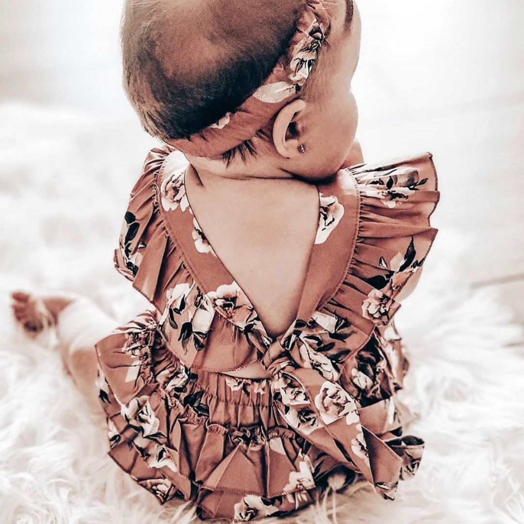 Baby girl outfit with matching headband - adorable floral ruffle onesie in rose pink.