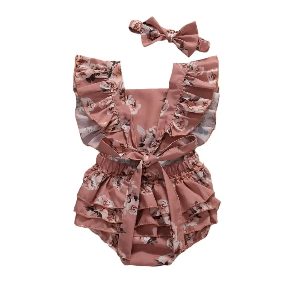 Back view of Matilda Floral Romper in rose 