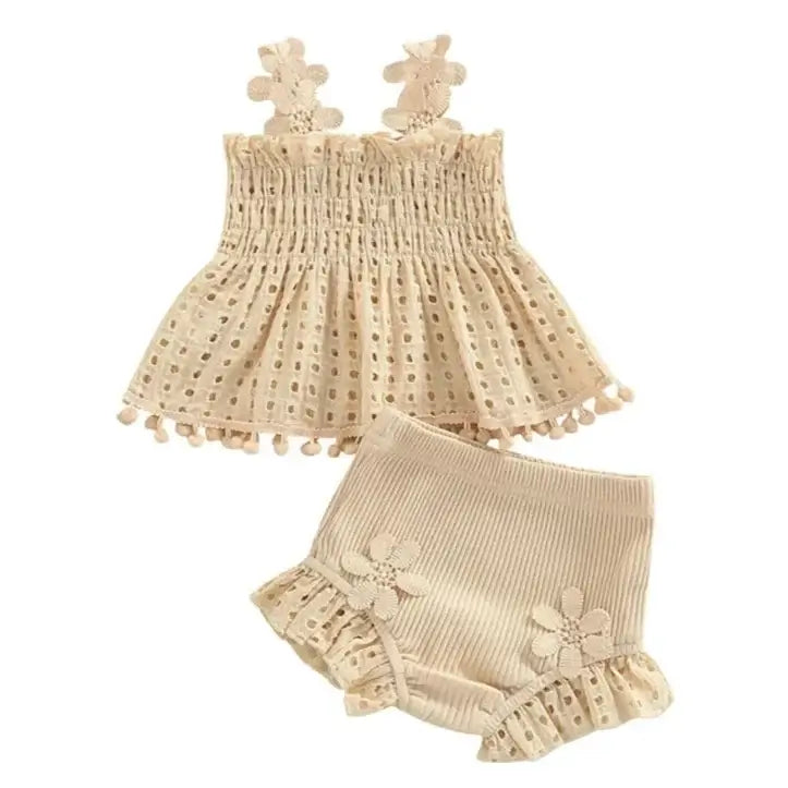 Boho Baby Girl Outfit with beige lace sleeveless top &amp; ribbed shorts for 0-18 months