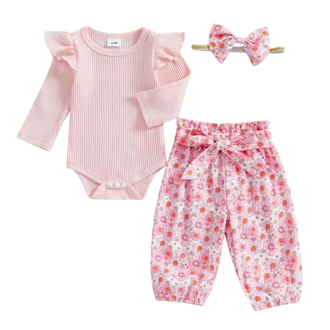 Pink floral baby girl outfit with ribbed flutter romper, floral pants &amp; matching headband