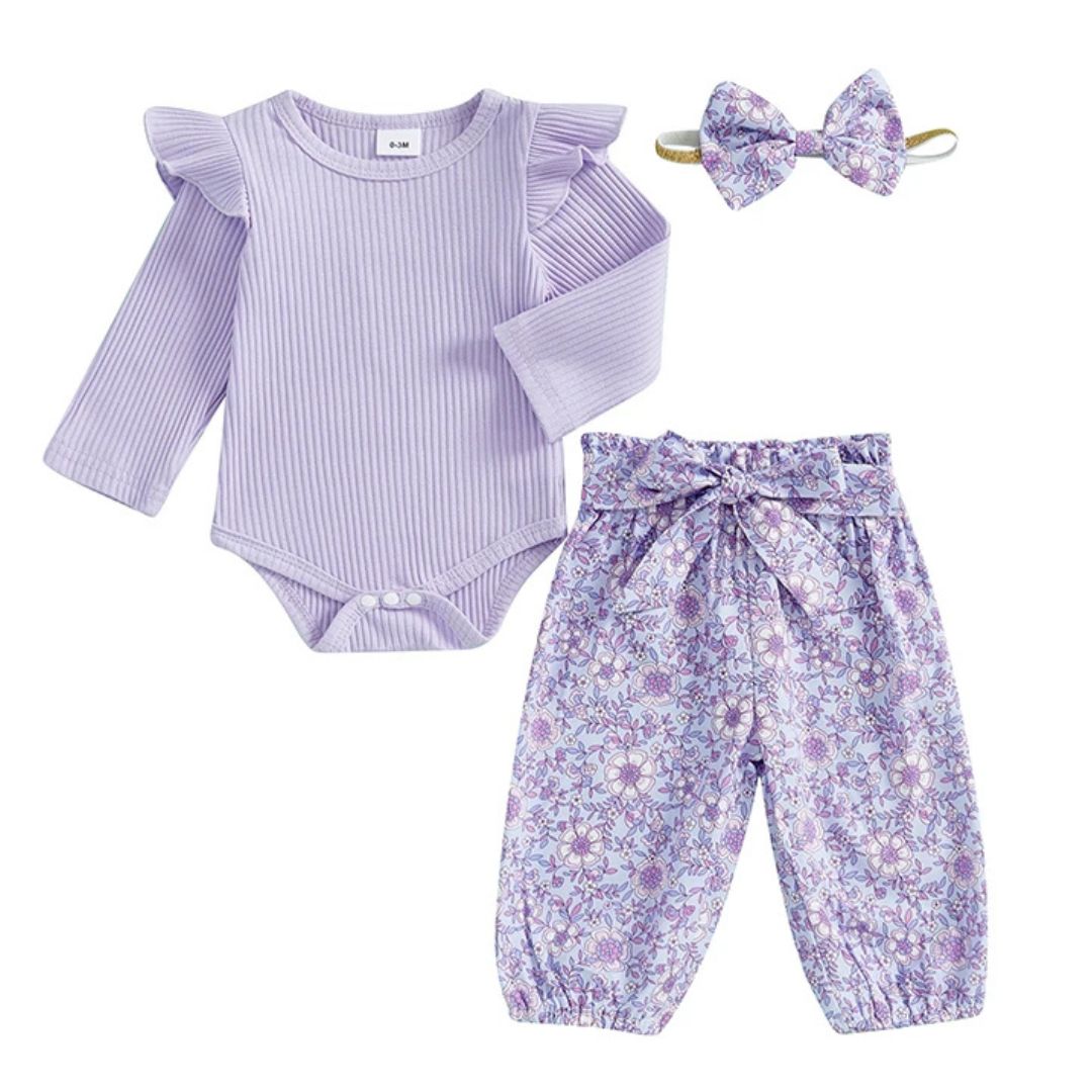 Baby girl outfit with purple long sleeve ribbed flutter romper, floral pants and matching headband