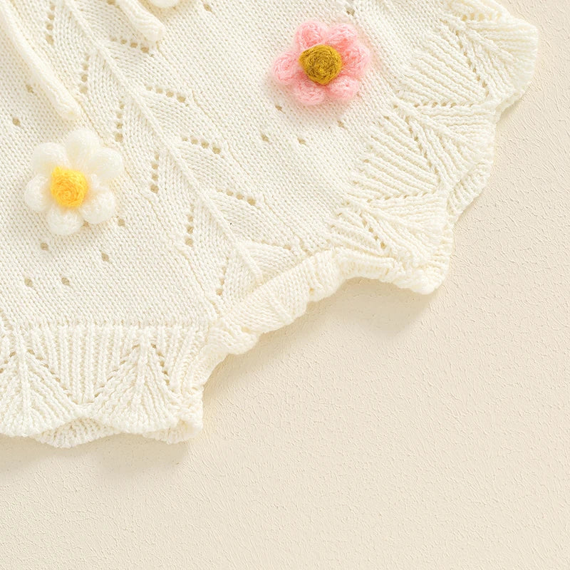 Melanie Daisy Knit Set detail showing 3D floral appliqués on shorts