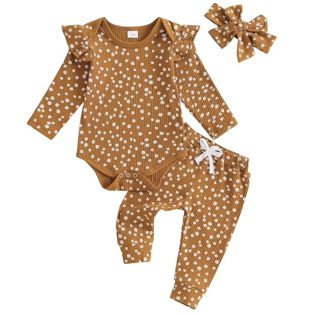 Baby girl 3 piece outfit set with brown ribbed floral bodysuit, pants and matching headband