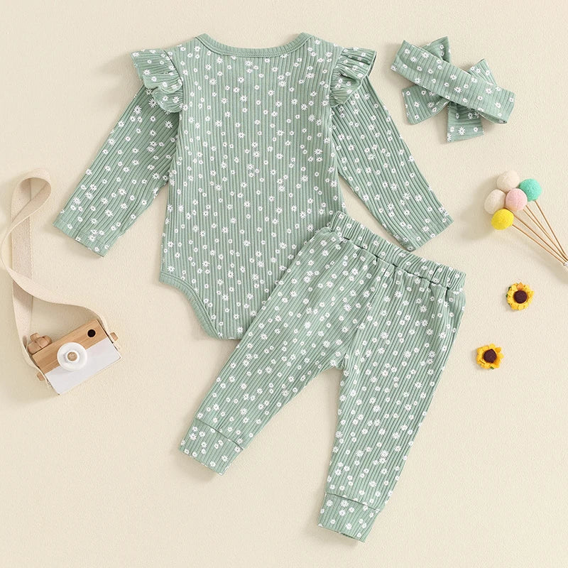 Daisy Mae Floral Set in green for baby girls with long-sleeve onesie and matching pants.