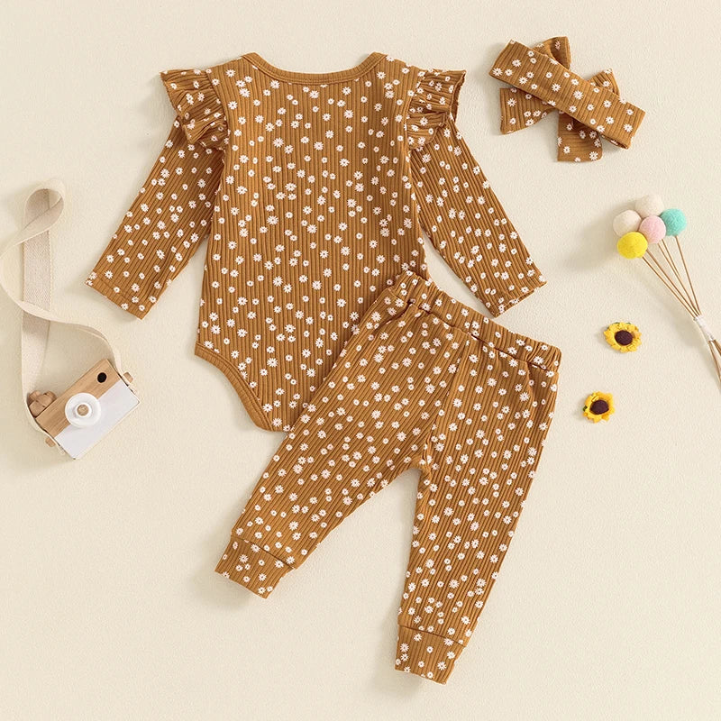 Back view of baby girl daisy set in mustard