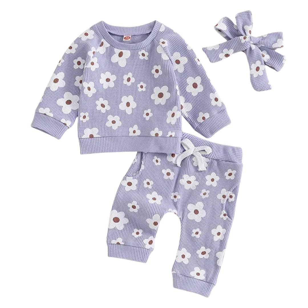 Waffle floral baby girl outfit set in purple with top, pants and matching headband for 0-3 years