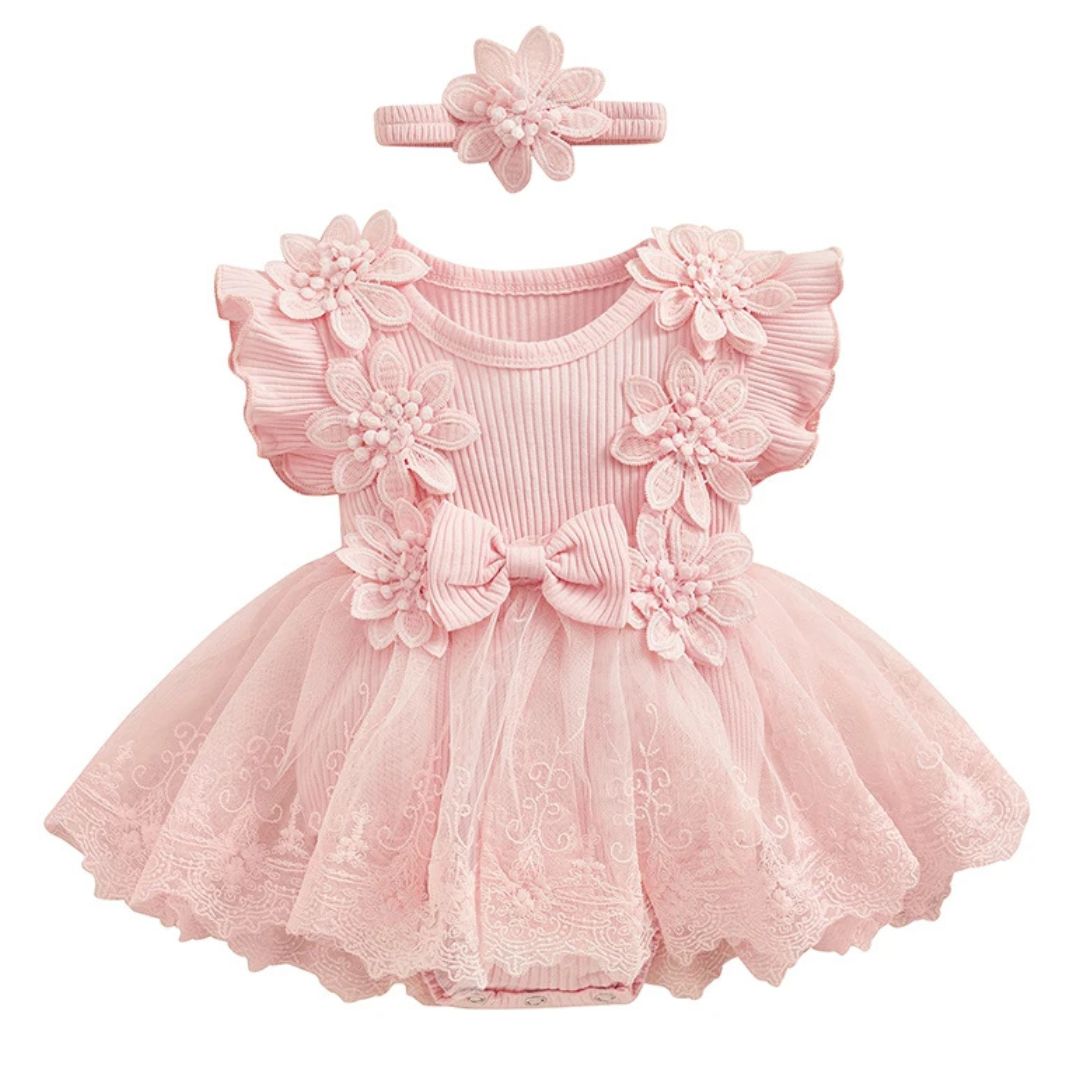 Pink baby girl tulle dress with floral appliques and matching headband