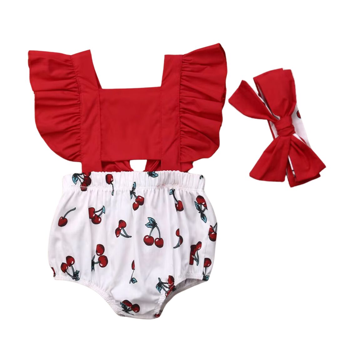 Cherry Ruffle Romper for baby girls 0-18 months with matching headband