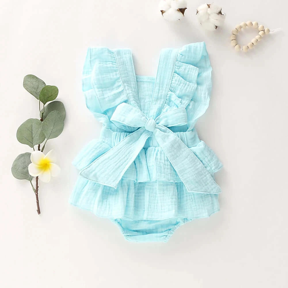 Back view of Jennifer Ruffle Baby Girl Romper in blue