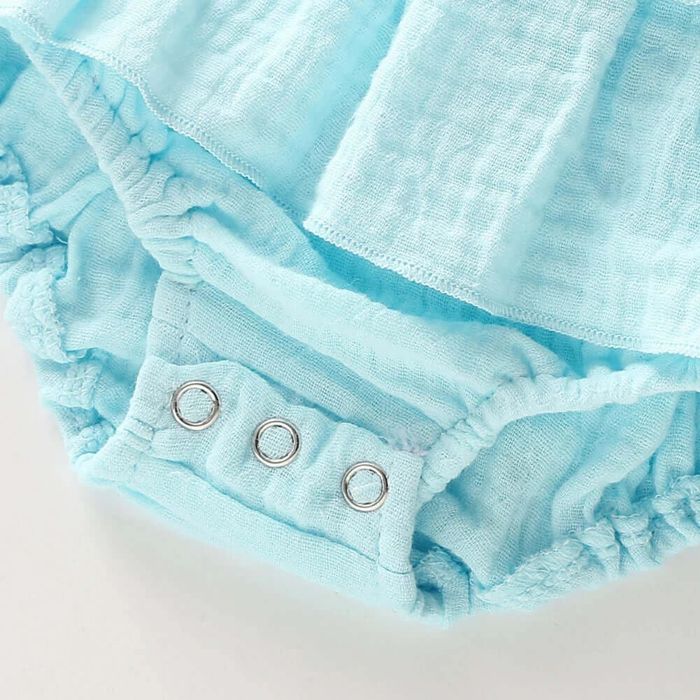Closeup of Jennifer Ruffle Baby Girl Romper in blue