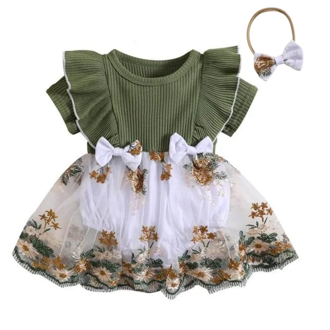 Green baby dress with ribbed bodice and lace tutu skirt