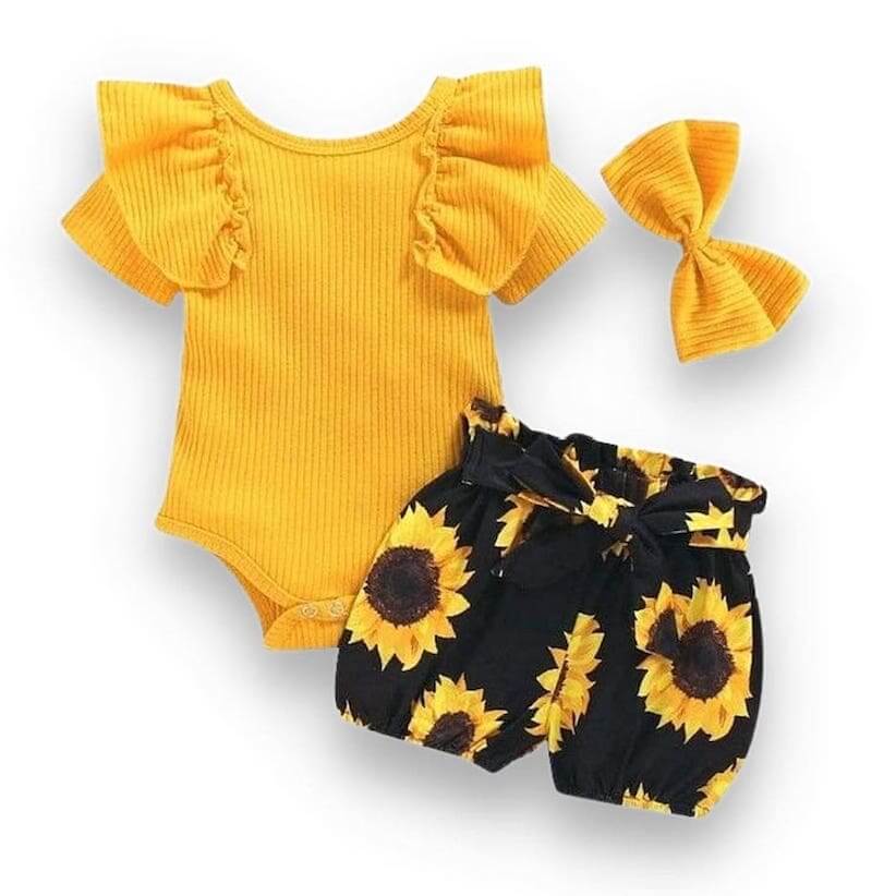 Ruffle sunflower baby girl outfit with yellow onesie, sunflower shorts and matching headband