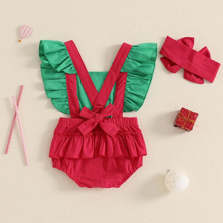 Back view of Santa Flutter Romper Set with green flutter sleeves and red ruffles