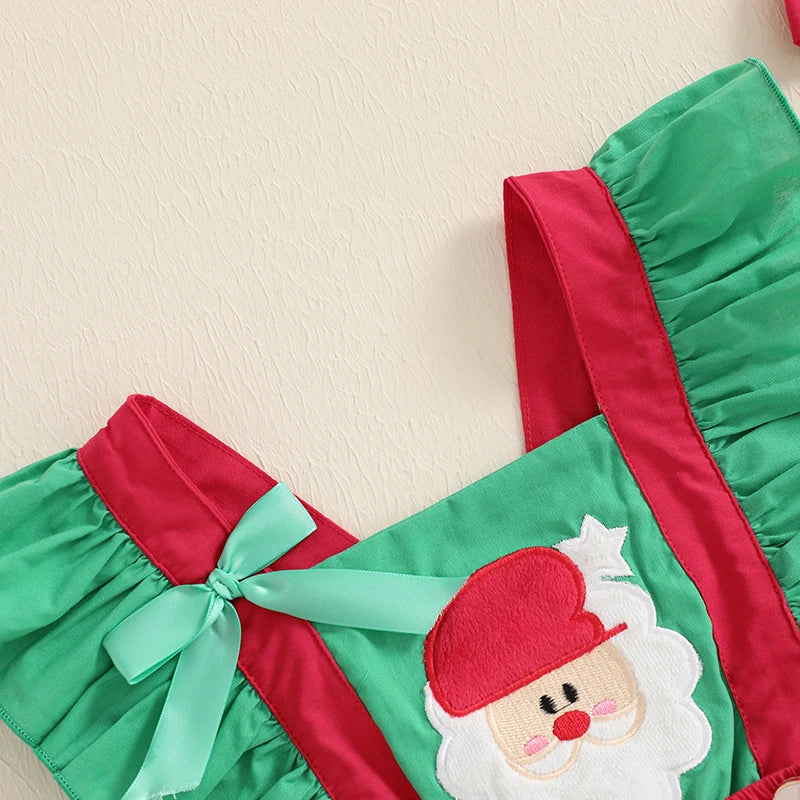 Closeup of Santa Flutter Romper Set with Santa Claus appliqué and green flutter sleeves