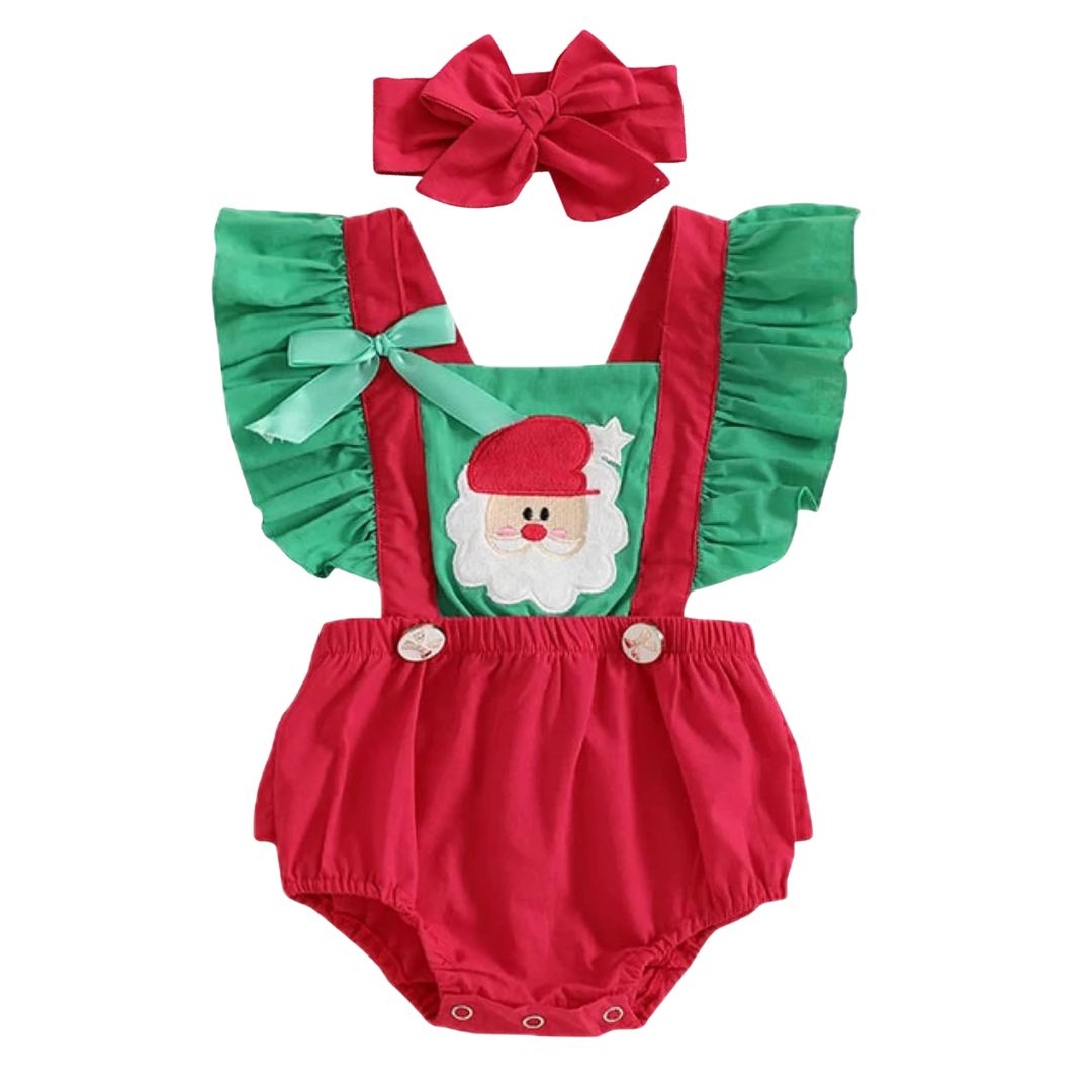 Red and green baby romper with embroidered Santa design and matching headband