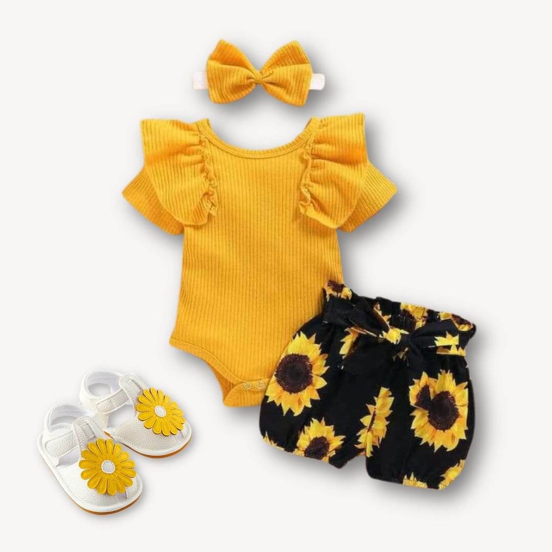 Ruffle Sunflower Baby Set | Romper, Shorts & Headband - Lulu Babe - Lulu Babe