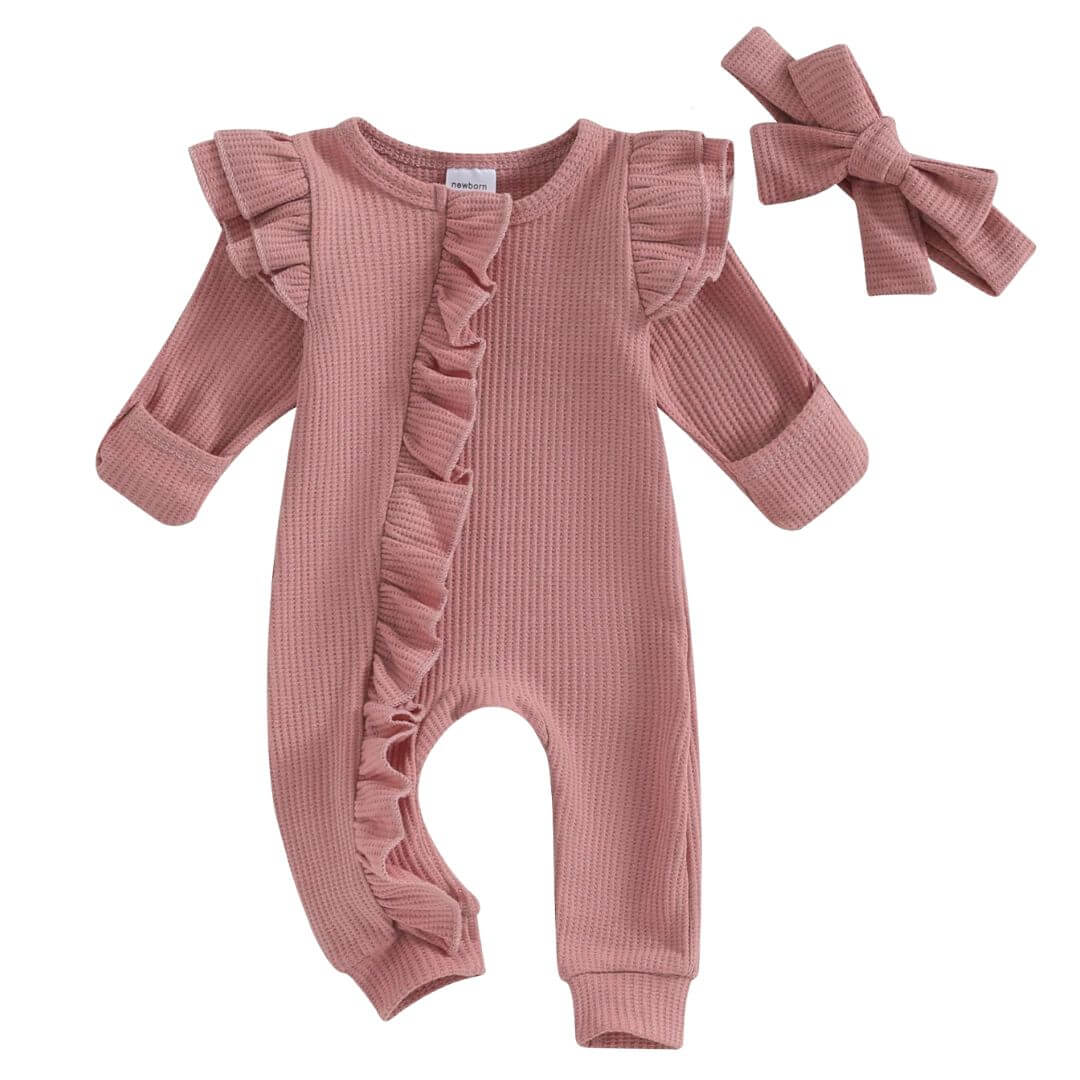 Pink Ruffle Newborn Baby Onesie with zip closure and headband